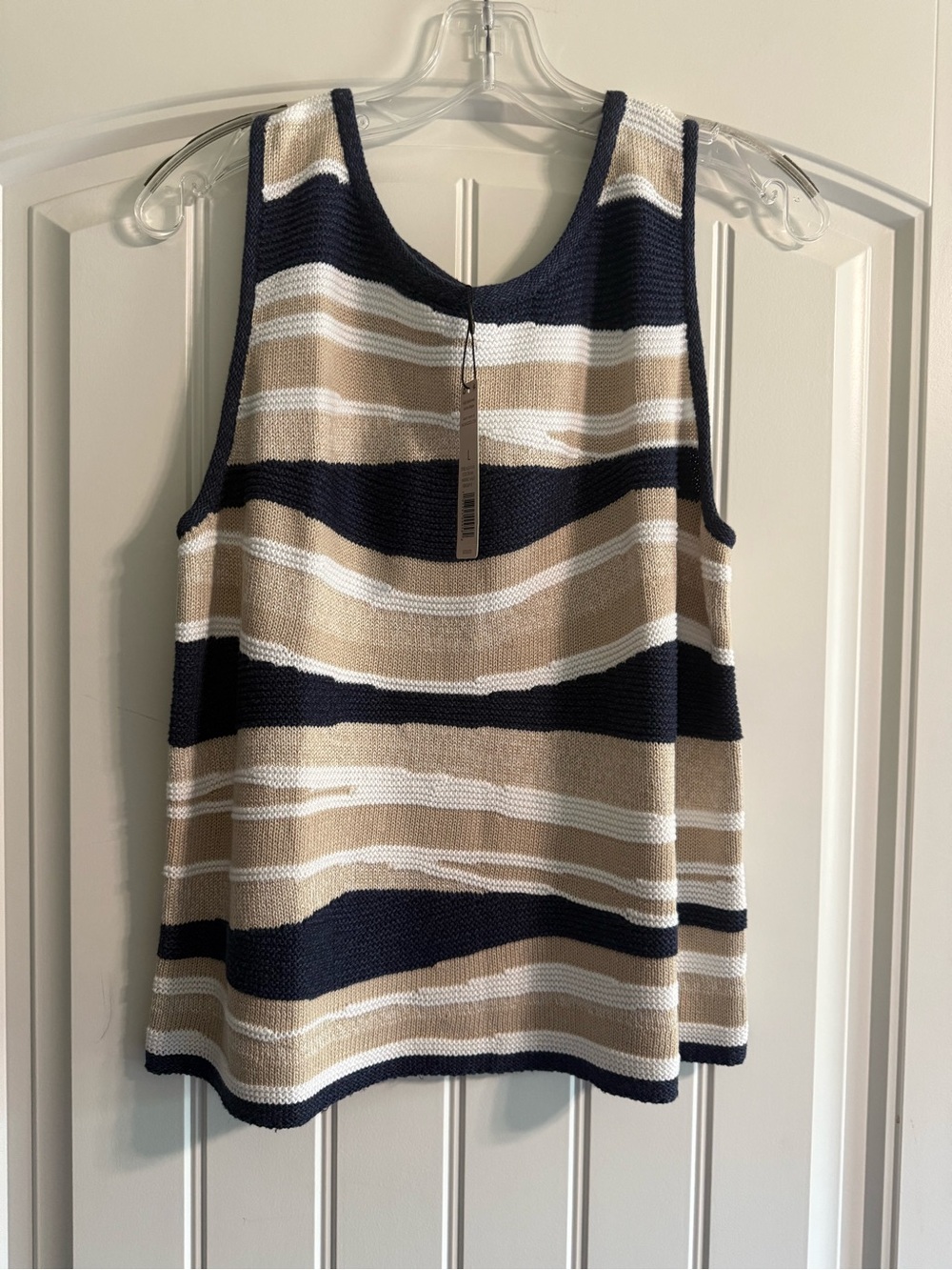 NIC+ZOE Navy, Tan & White Striped Knit Tank Top Large